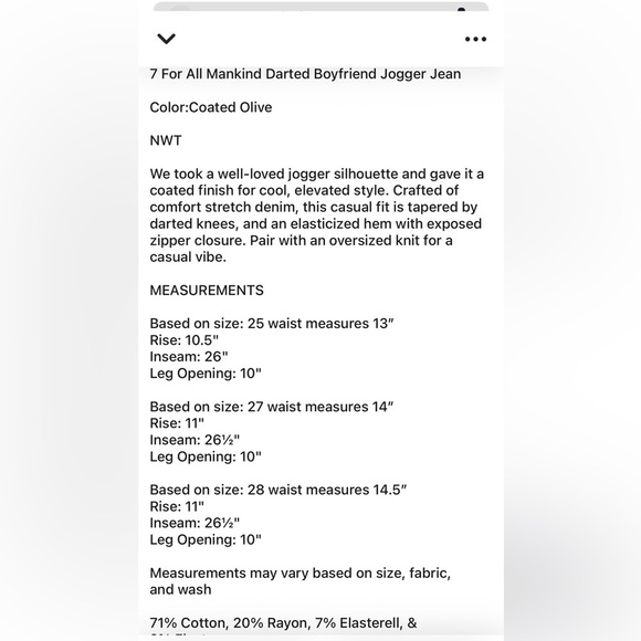 NWT 7 For All Mankind Darted Boyfriend Jogger Jean Coated Olive - Picture 5 of 5